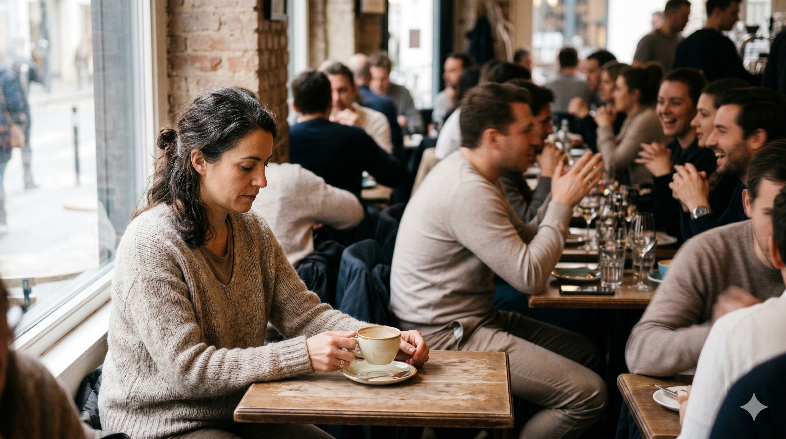 Woman alone in a busy café