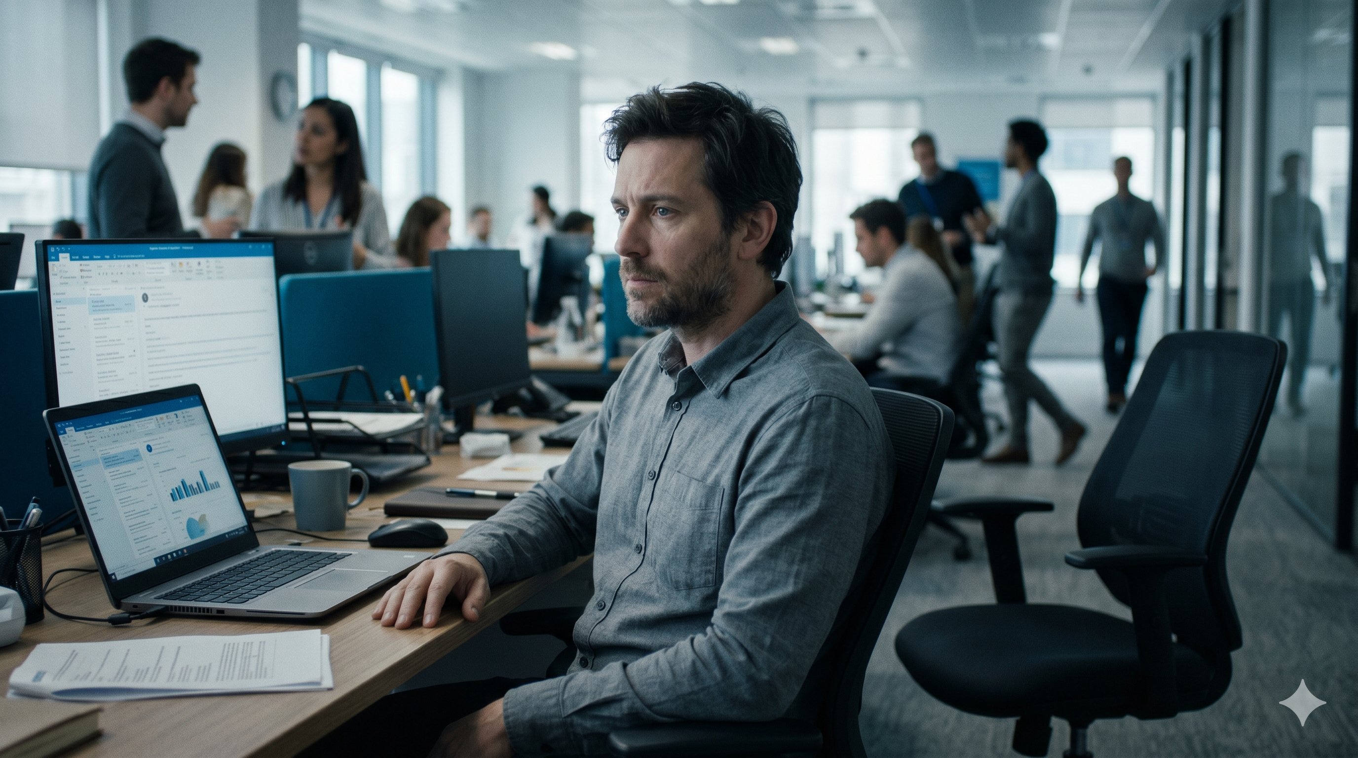 Man disconnected in a busy office