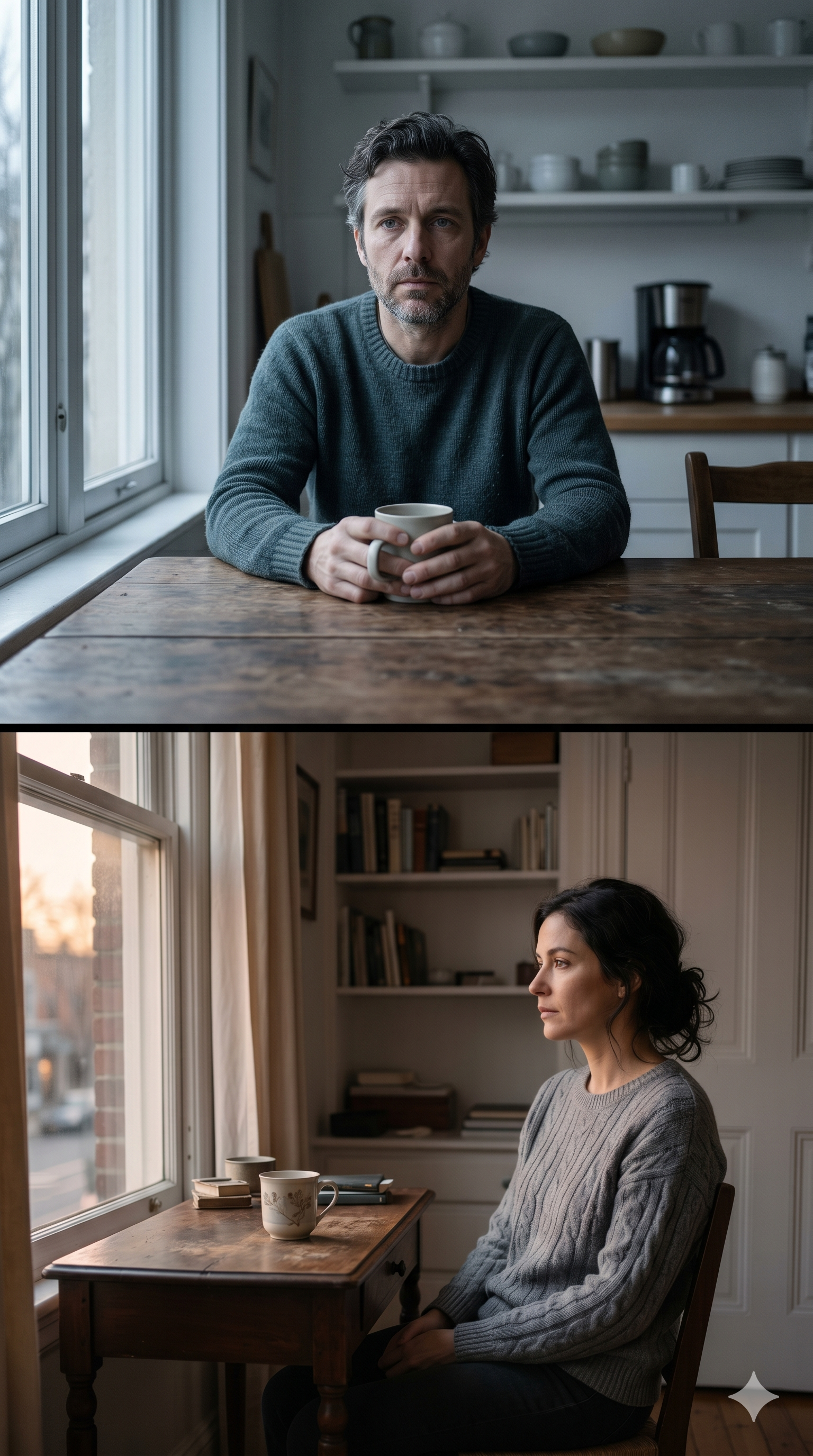 Two people sitting alone, quietly disconnected