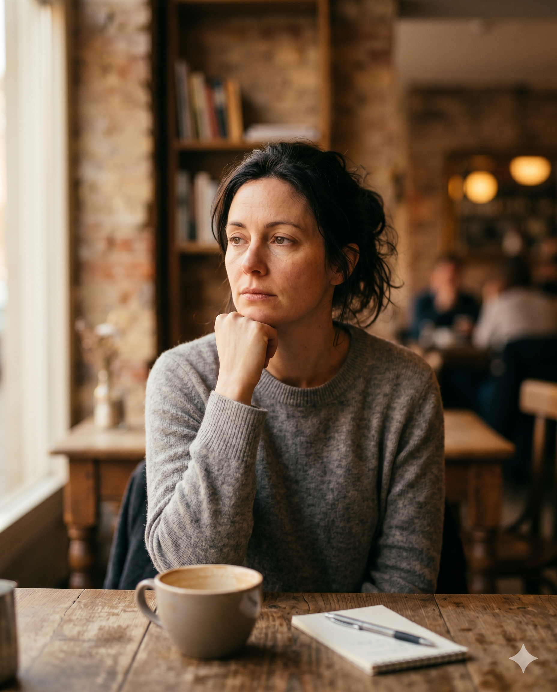 Woman alone with coffee, lost in thought