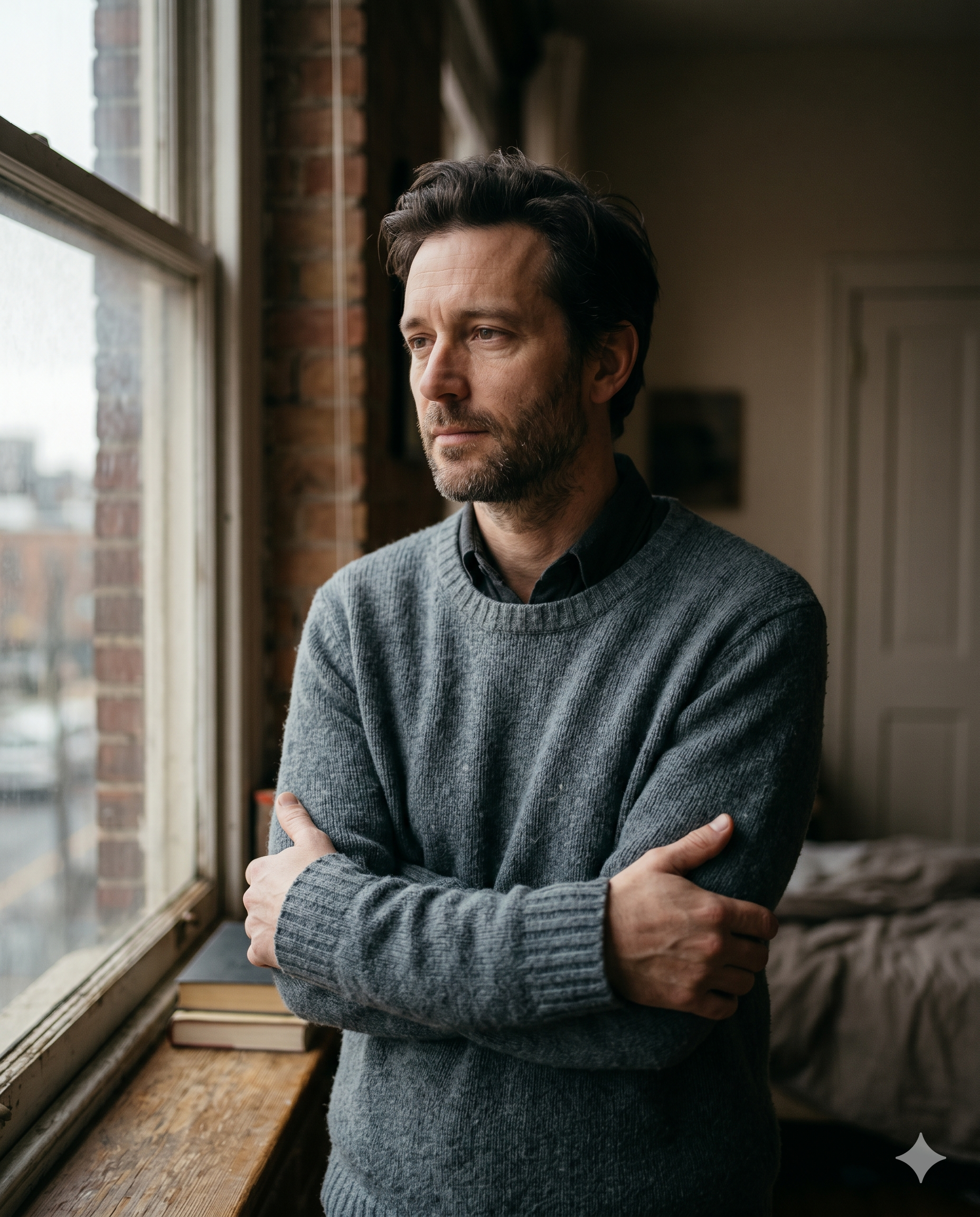 Man standing at a window, quietly withdrawn